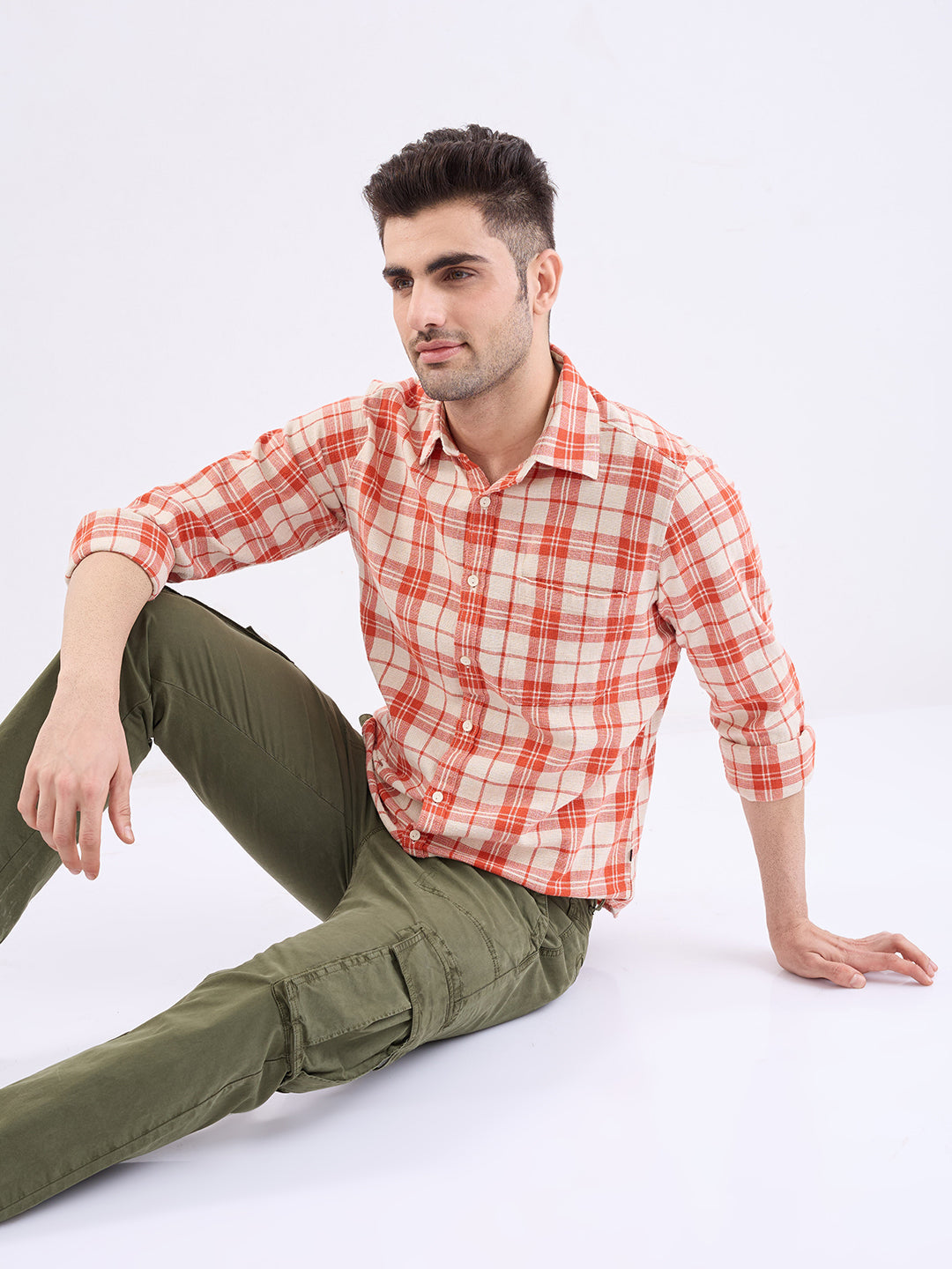 Spykar Burnt Orange Slim Fit Casual Shirts For Men
