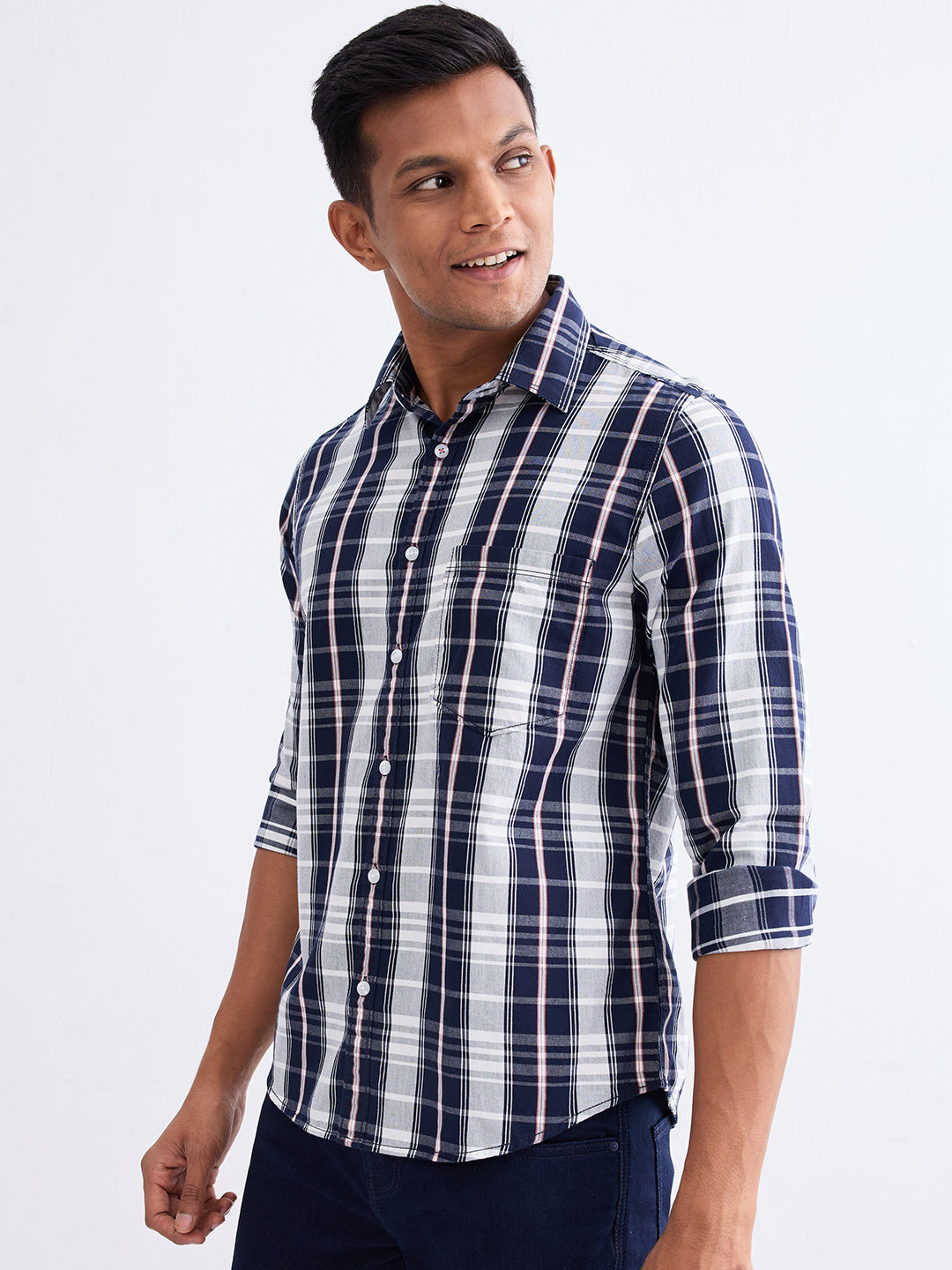 Spykar Navy Blue Slim Fit Casual Shirts For Men