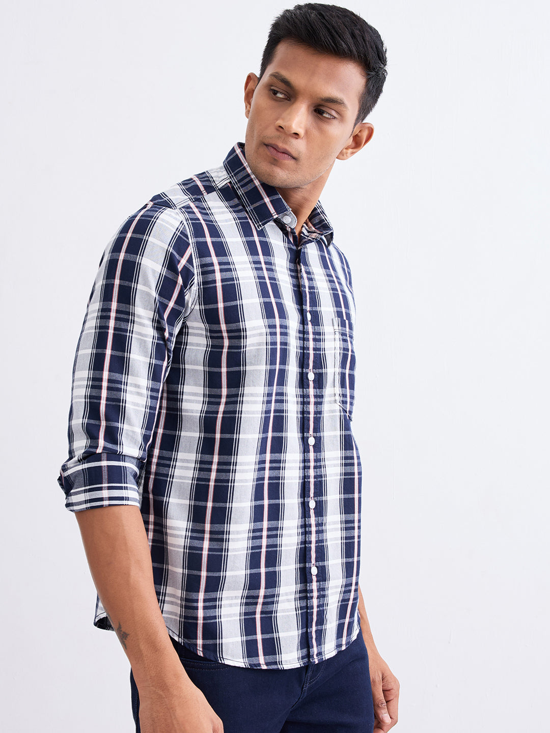 Spykar Navy Blue Slim Fit Casual Shirts For Men