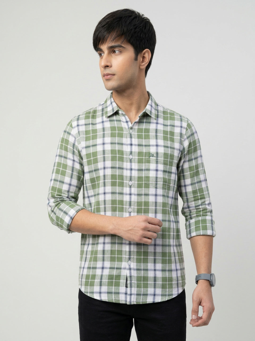 Men Shirt Check Green Regular Fit