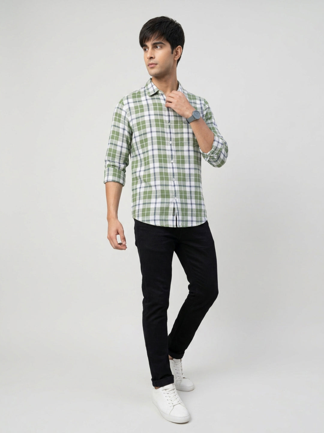 Men Shirt Check Green Regular Fit