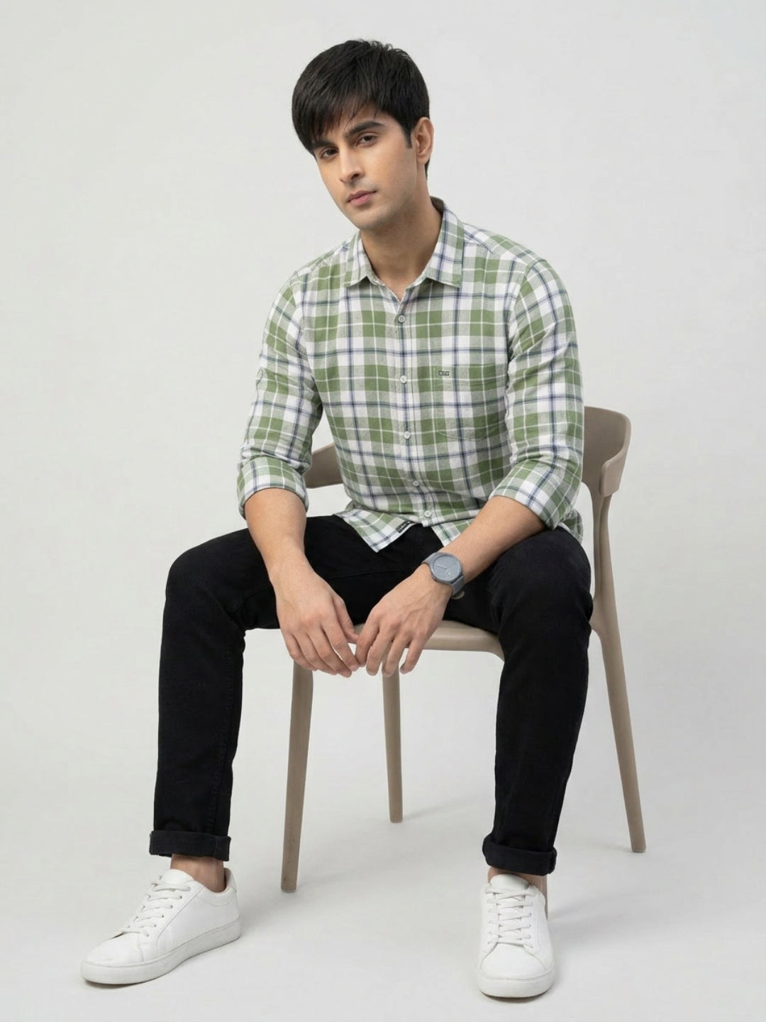 Men Shirt Check Green Regular Fit