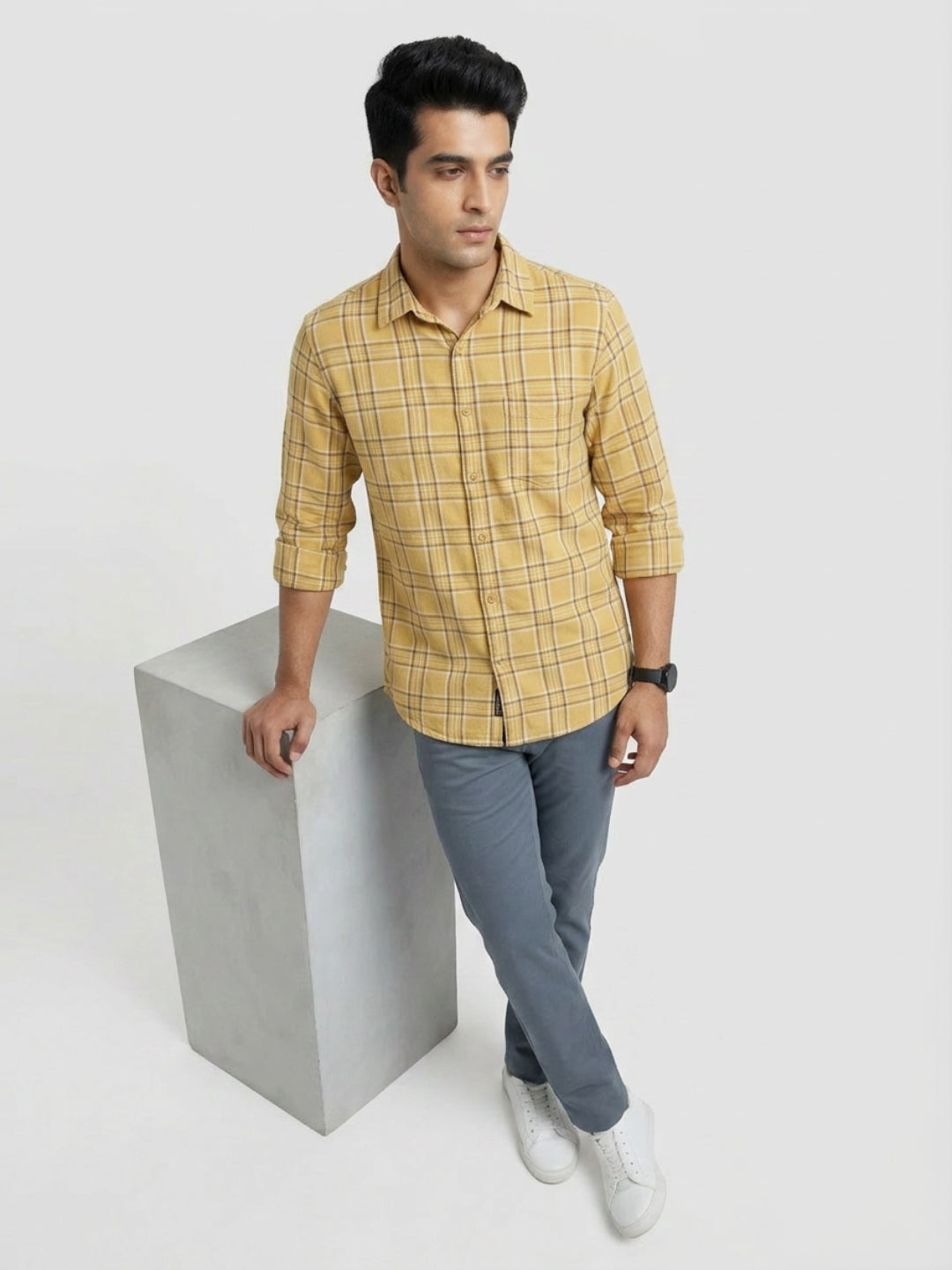 Men Shirt Check Yellow Regular Fit