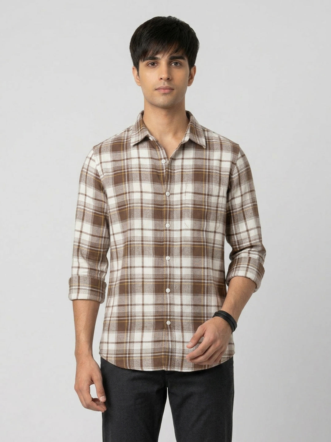 Men Shirt Check Brown Regular Fit