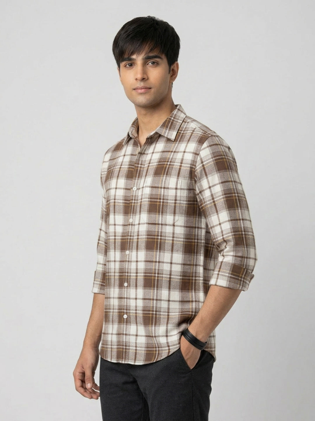 Men Shirt Check Brown Regular Fit