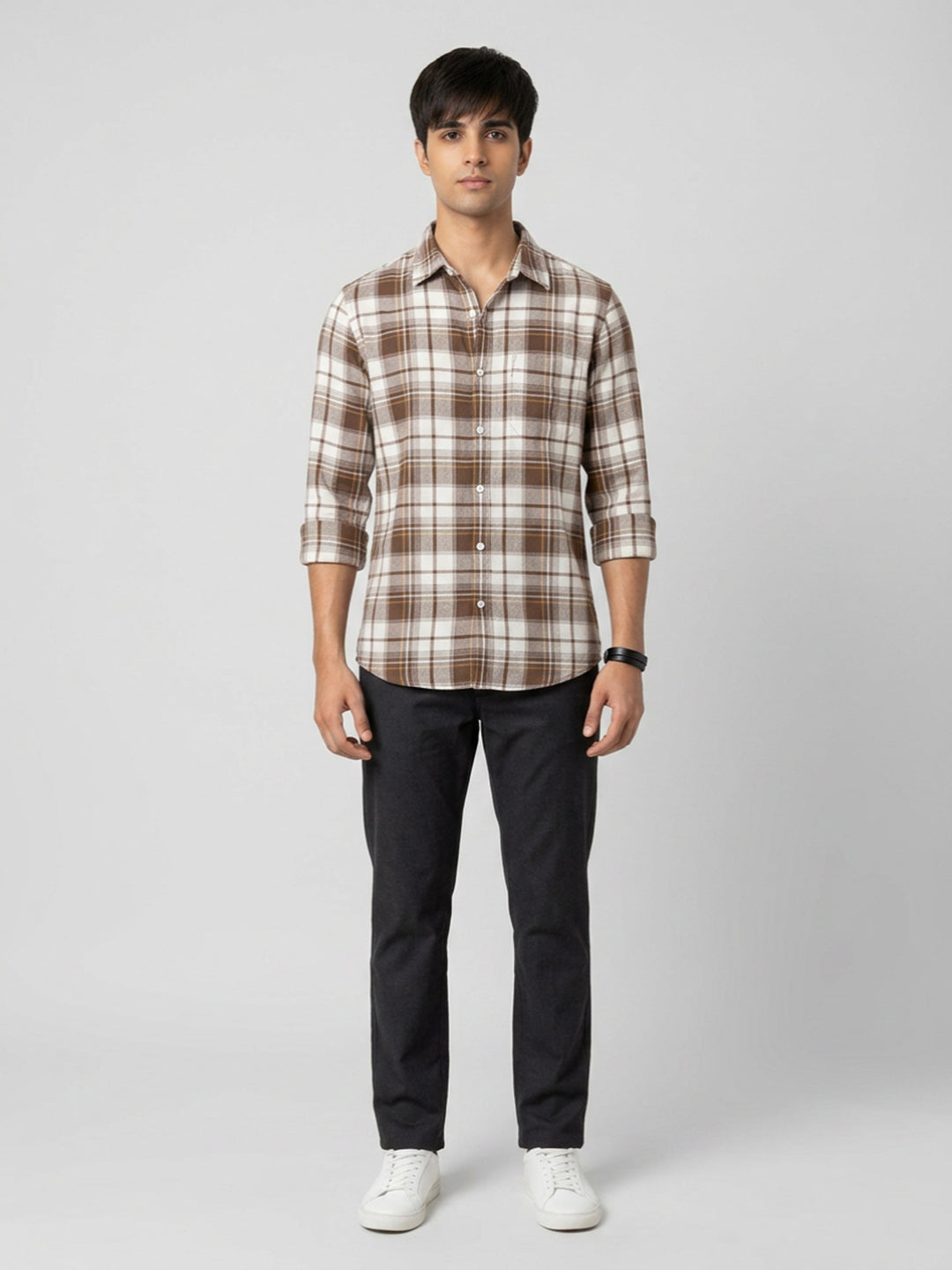 Men Shirt Check Brown Regular Fit