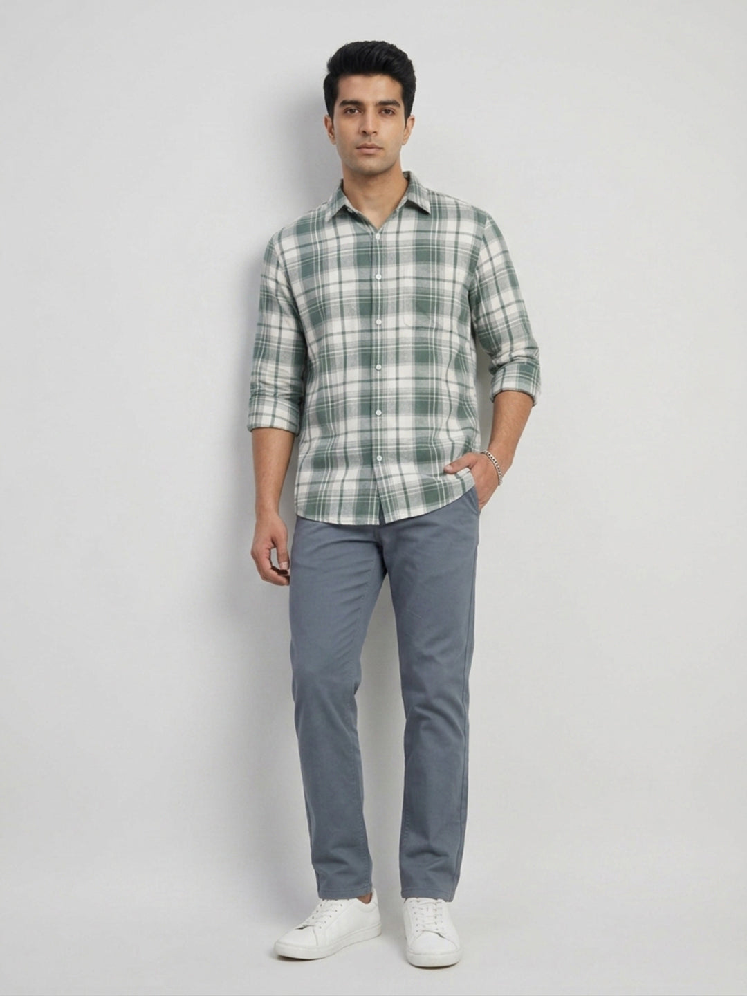 Men Shirt Check Green Regular Fit