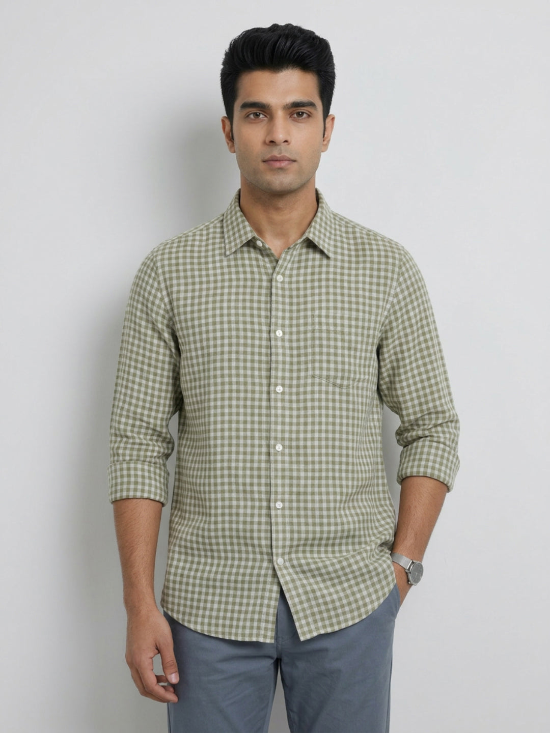 Men Shirt Check Green Regular Fit