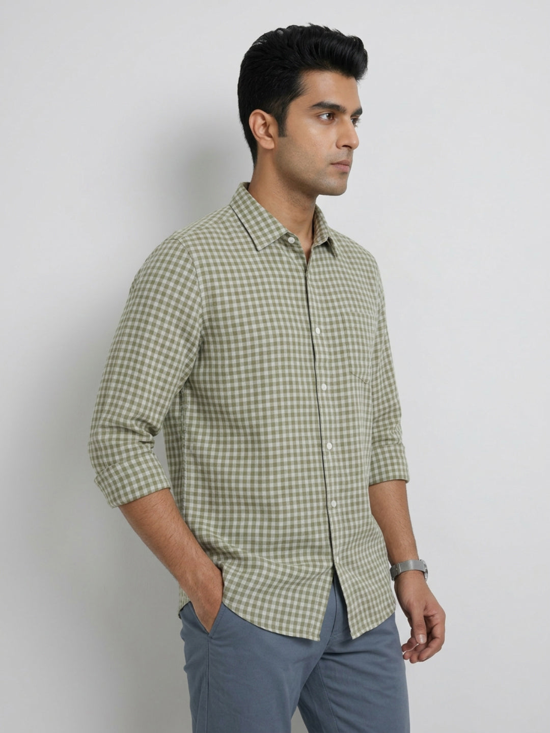 Men Shirt Check Green Regular Fit