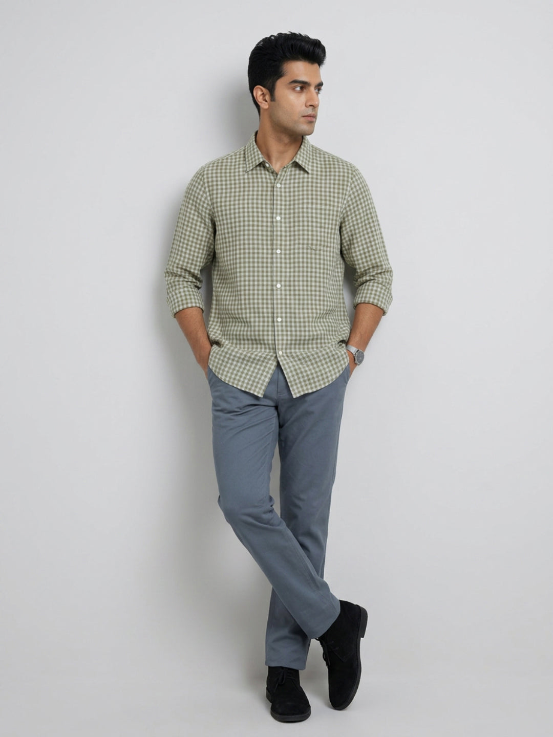 Men Shirt Check Green Regular Fit