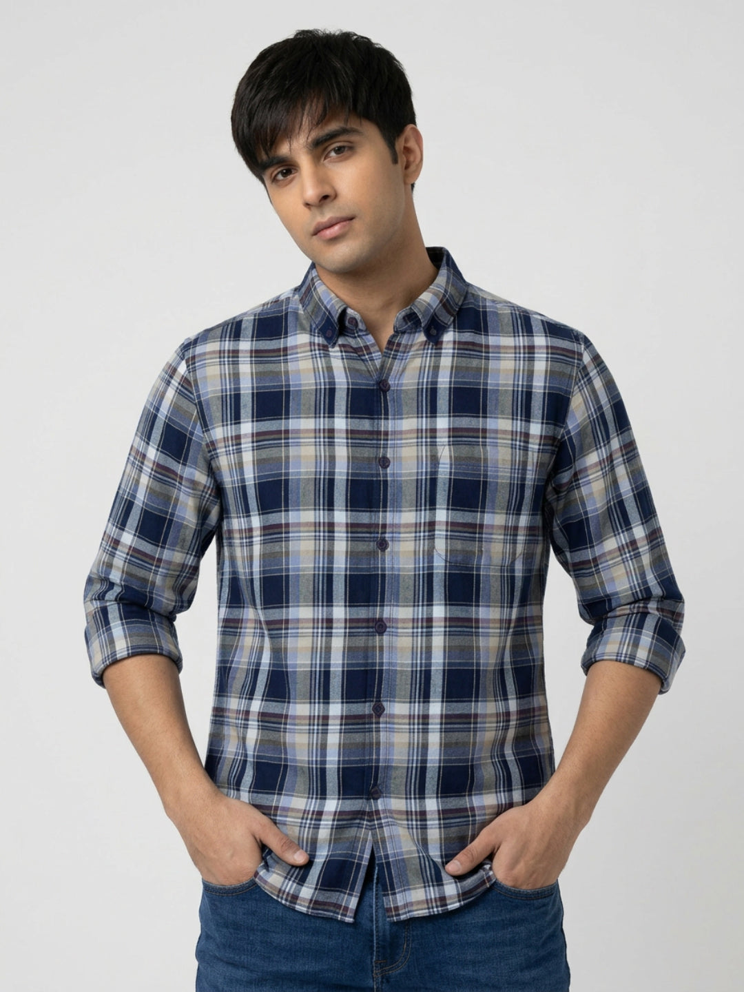 Men Shirt Check Blue Regular Fit