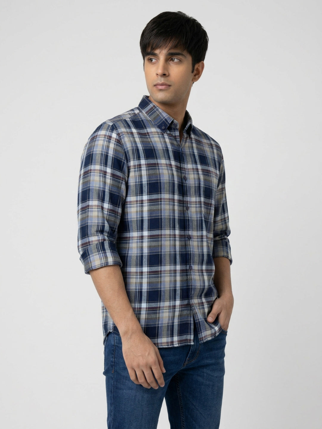 Men Shirt Check Blue Regular Fit