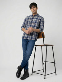 Men Shirt Check Blue Regular Fit