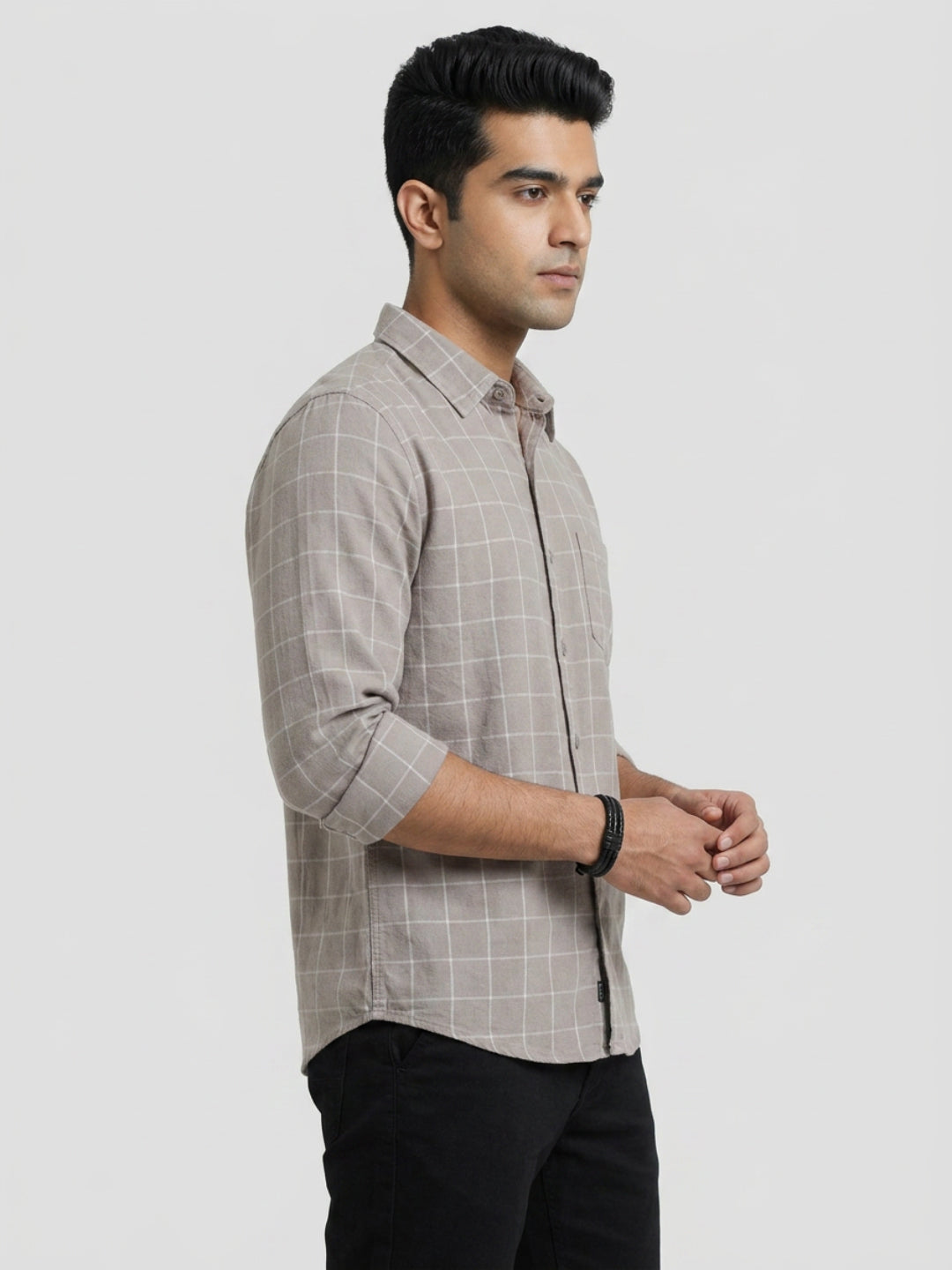 Men Shirt Check Beige Regular Fit