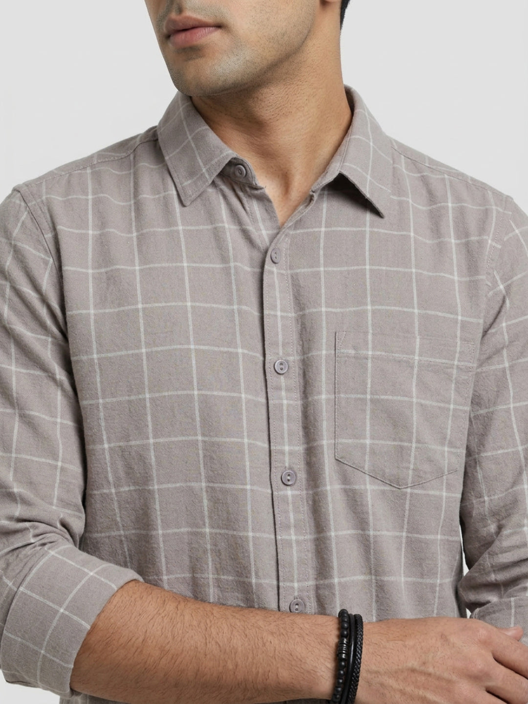 Men Shirt Check Beige Regular Fit