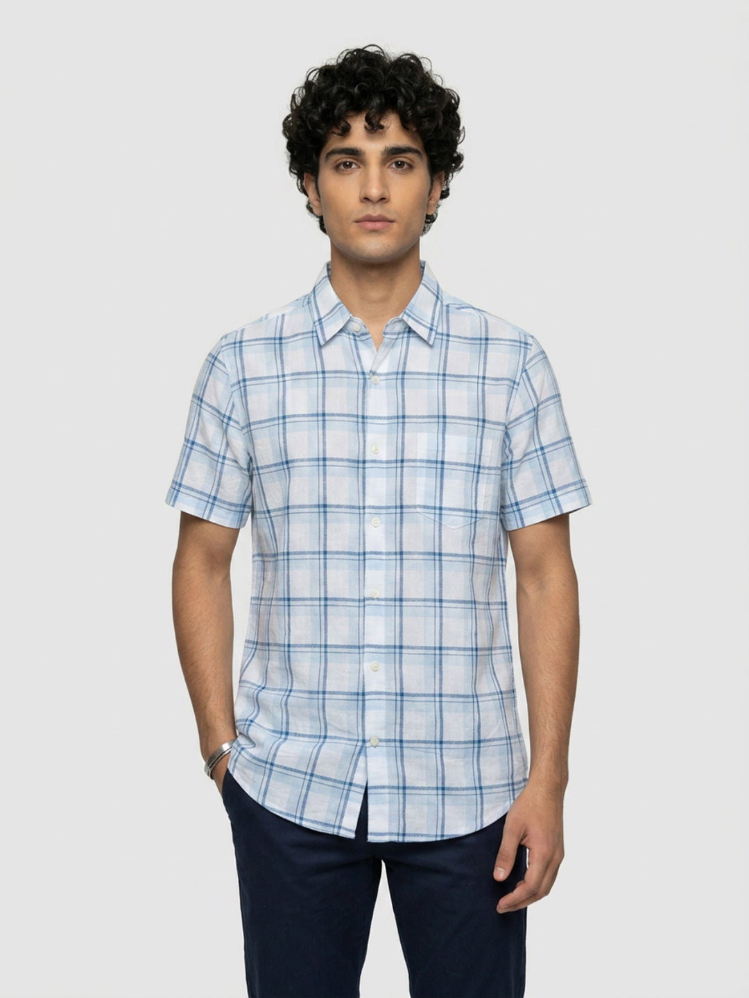 Men Shirt Check Blue Regular Fit