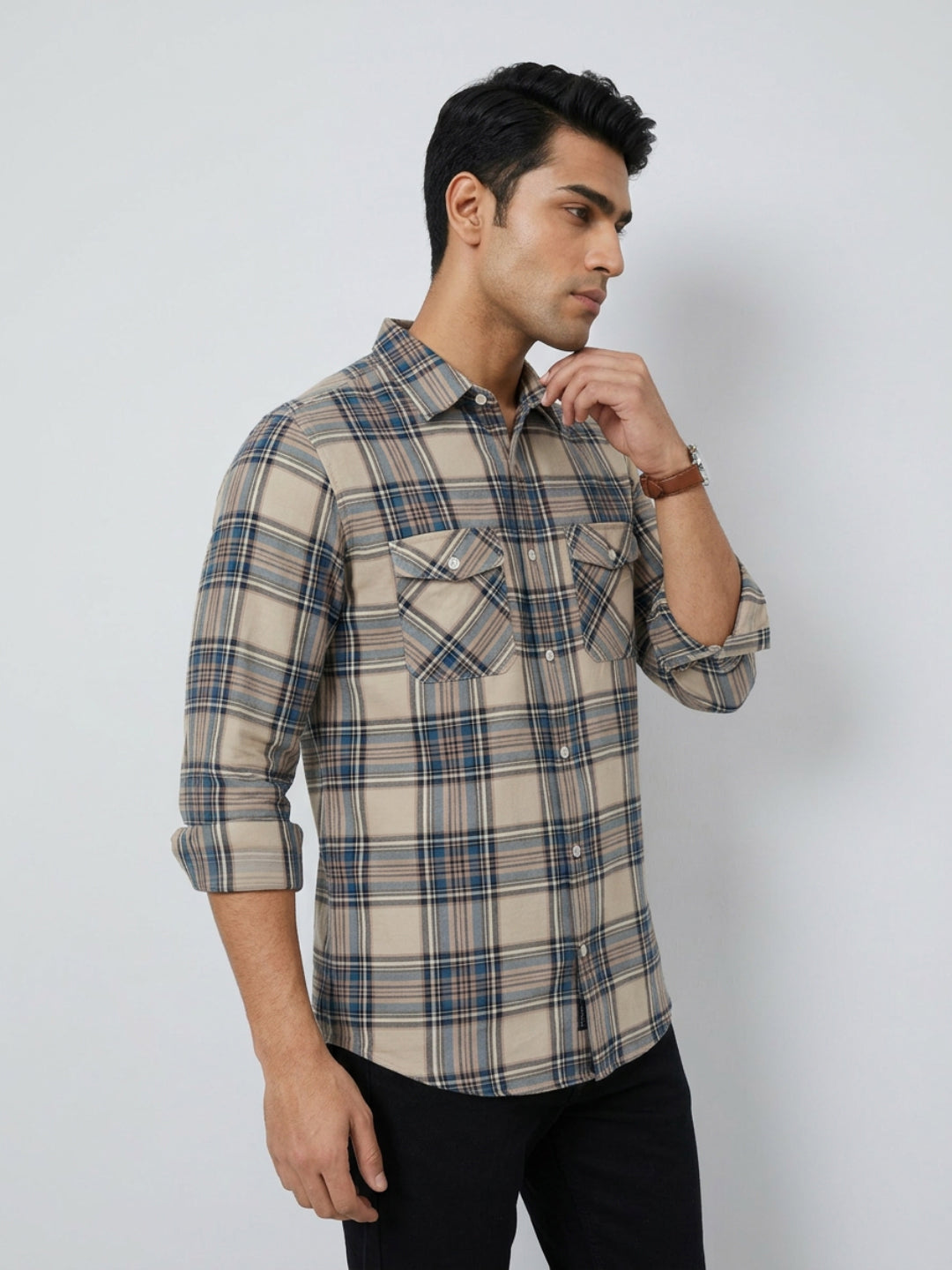 Men Shirt Check Teal Blue Regular Fit