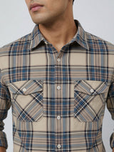 Men Shirt Check Teal Blue Regular Fit
