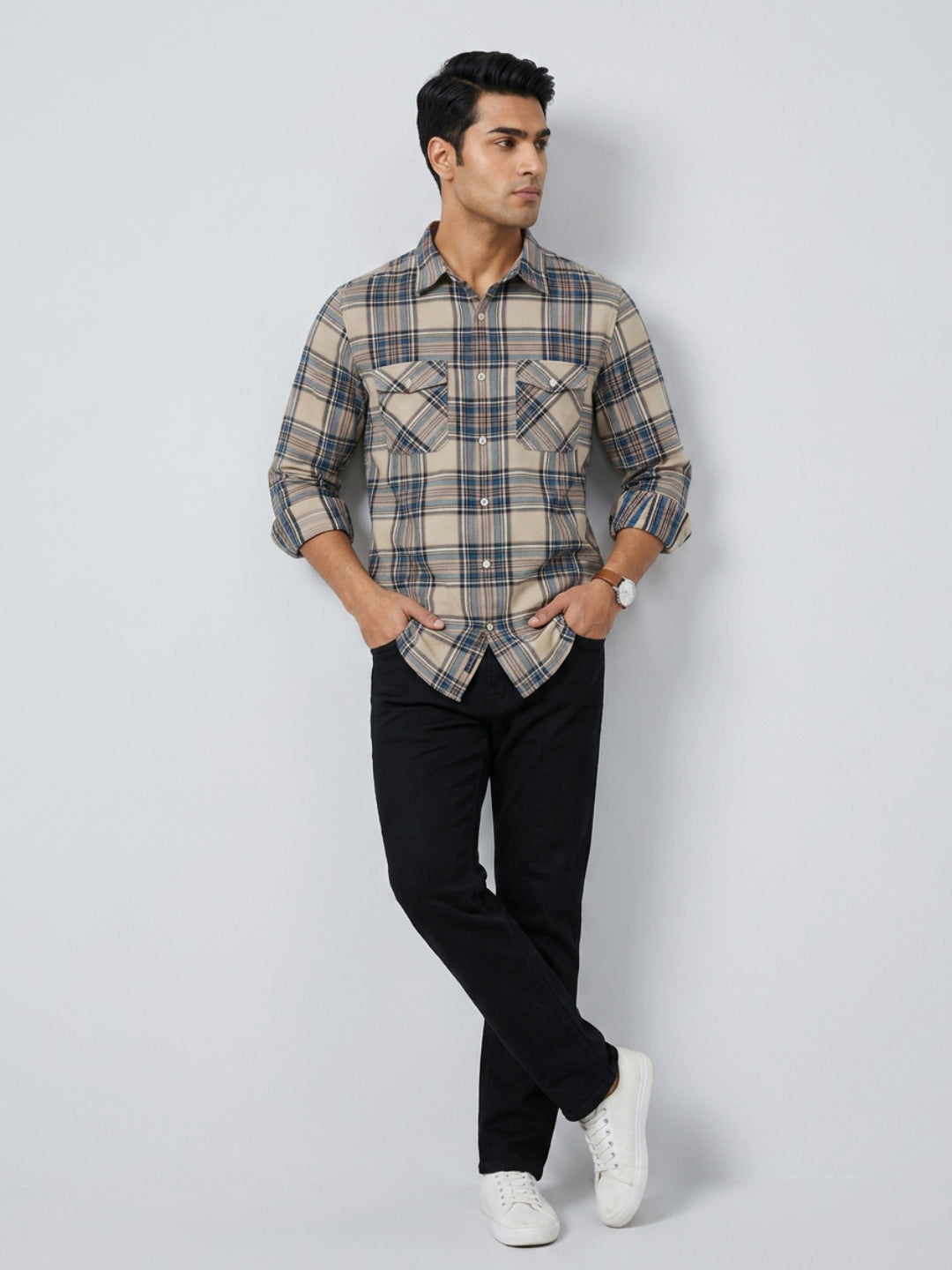 Men Shirt Check Teal Blue Regular Fit