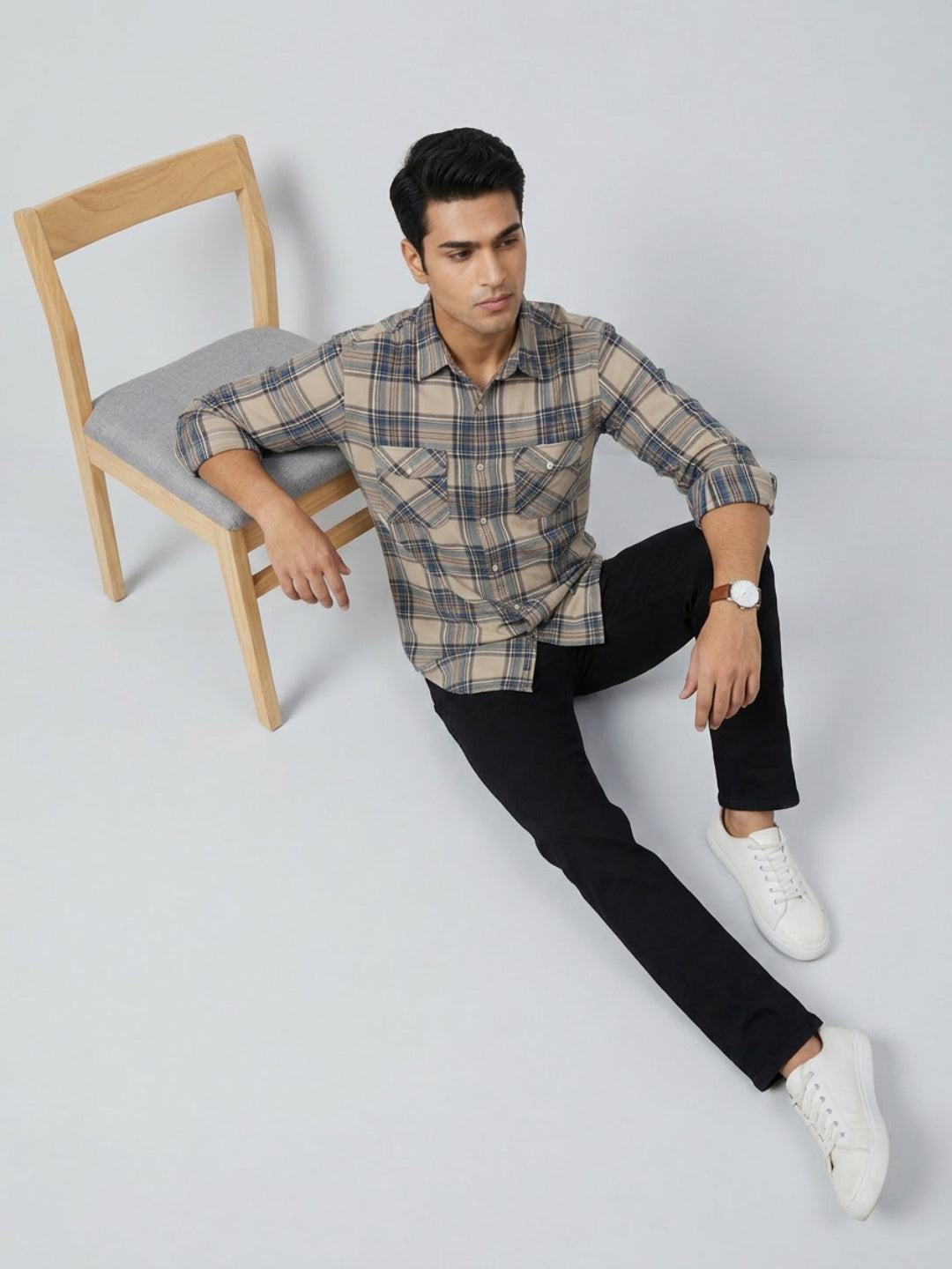 Men Shirt Check Teal Blue Regular Fit