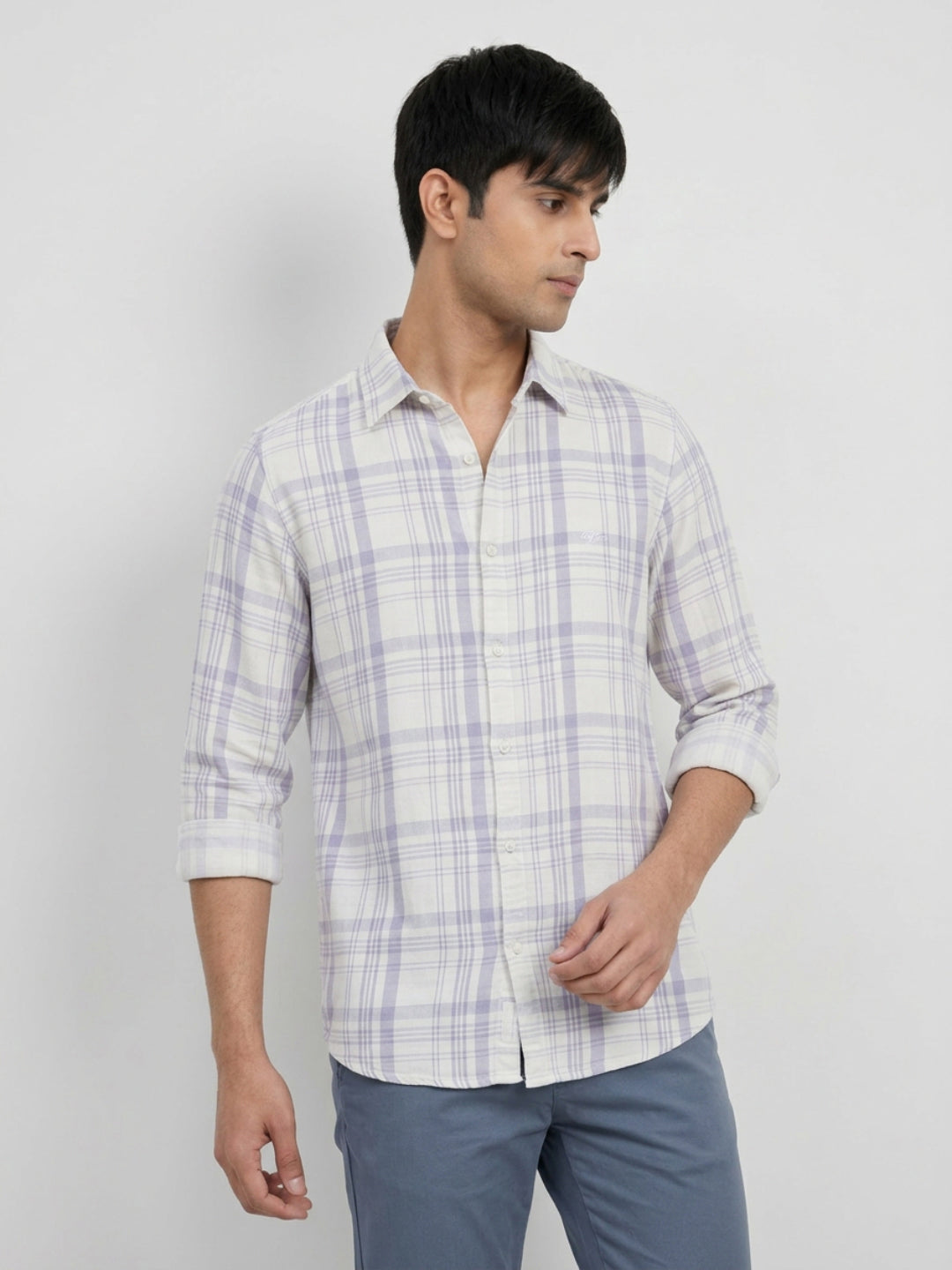 Men Shirt Check Lilac Regular Fit