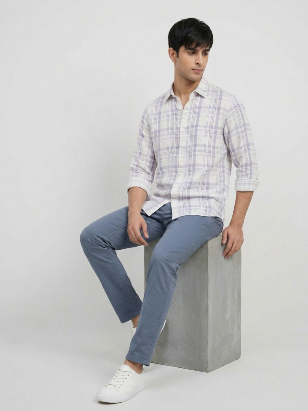 Men Shirt Check Lilac Regular Fit