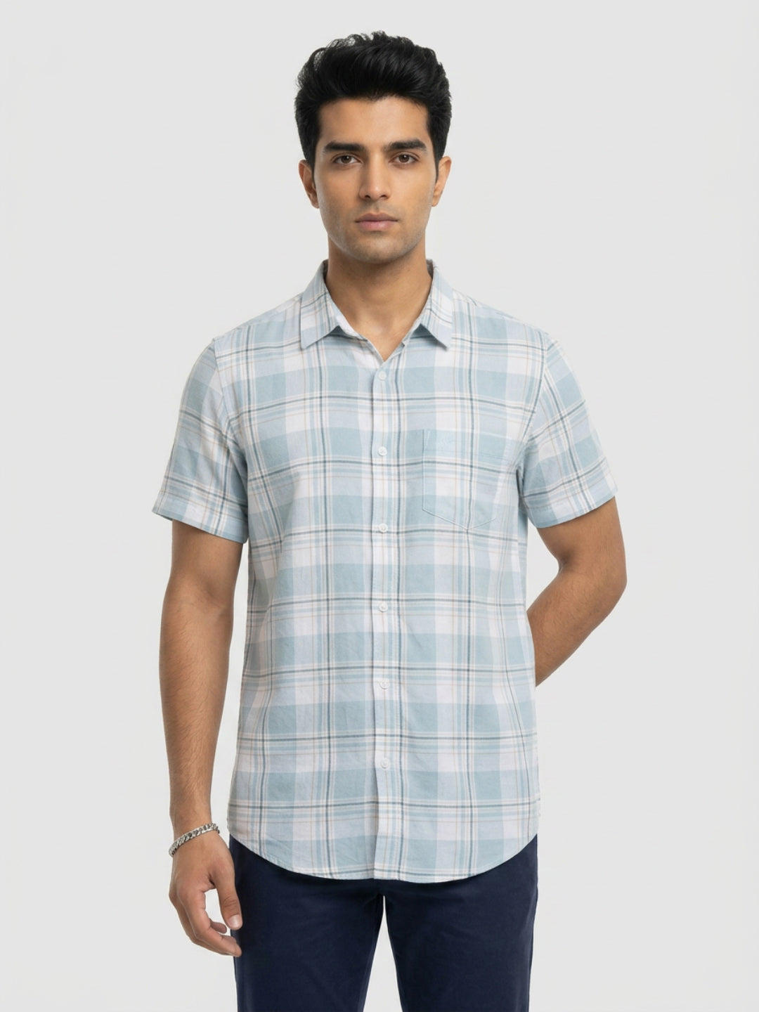Men Shirt Check Ice Blue Regular Fit