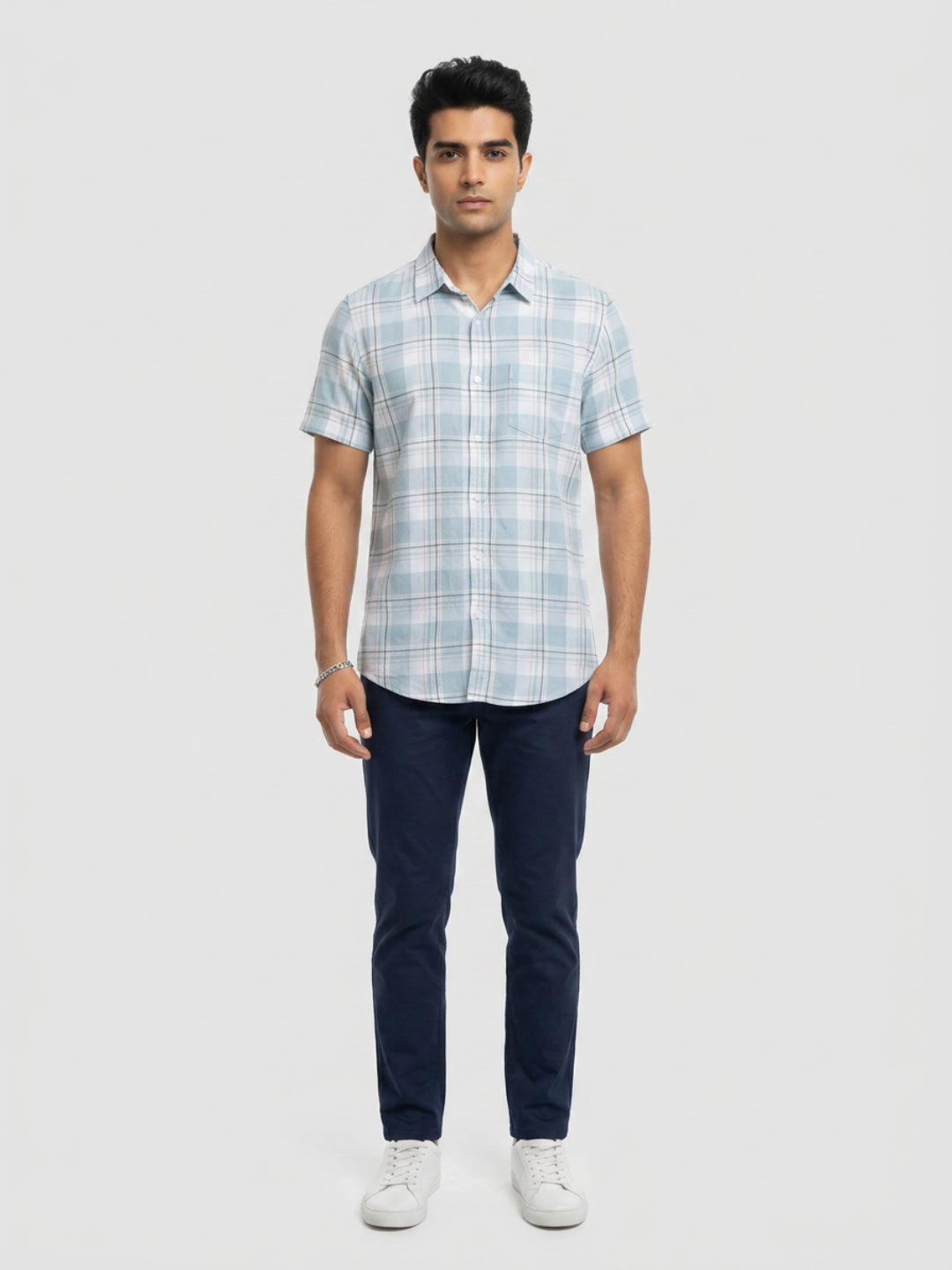 Men Shirt Check Ice Blue Regular Fit