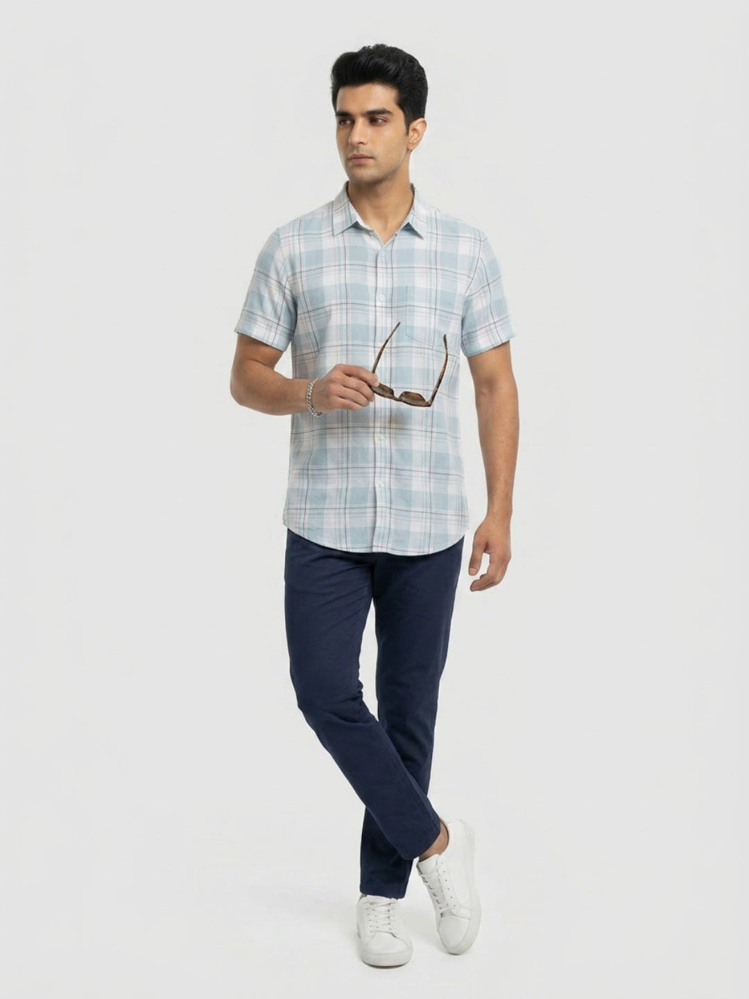Men Shirt Check Ice Blue Regular Fit
