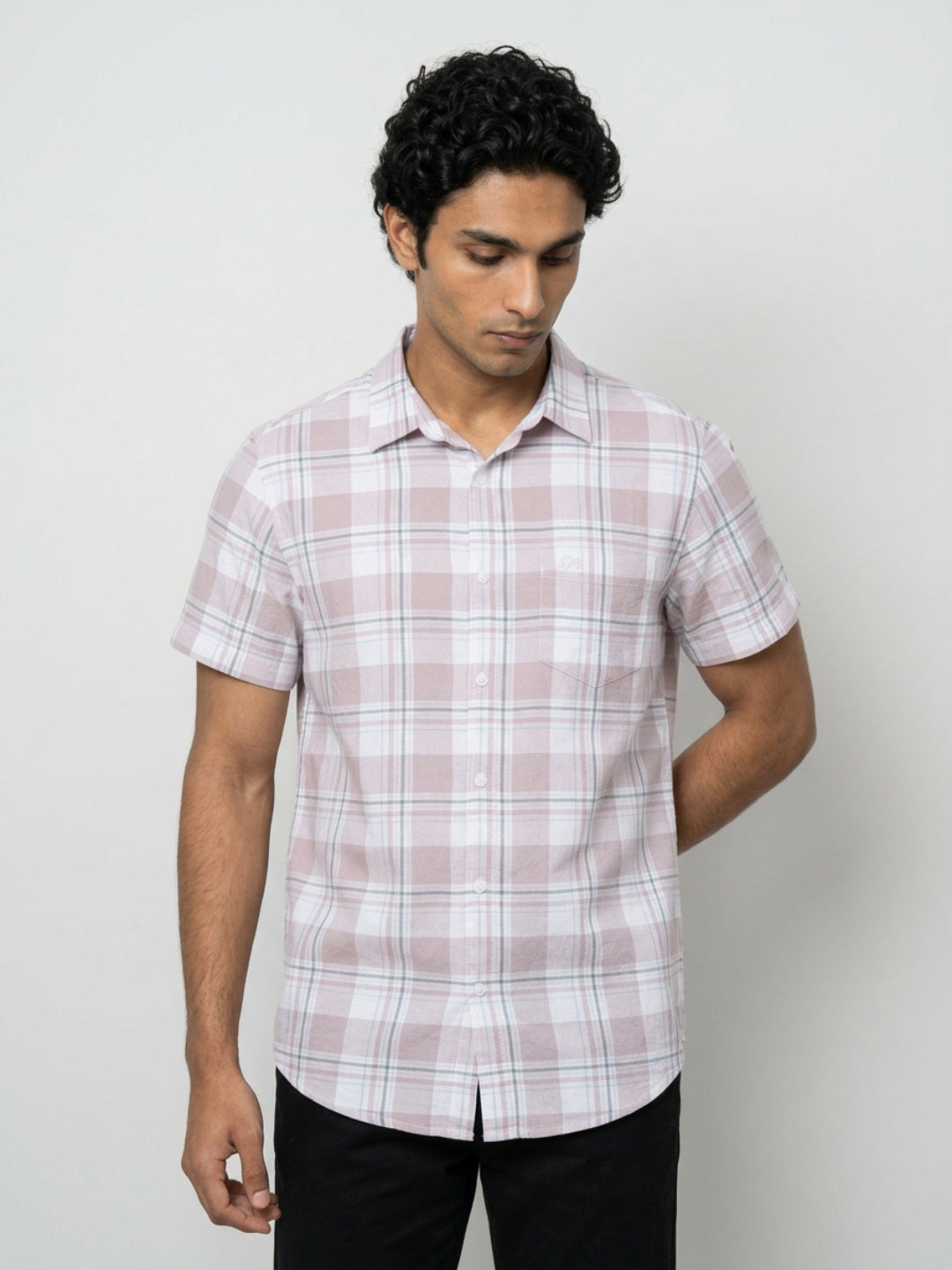Men Shirt Check Lilac Regular Fit