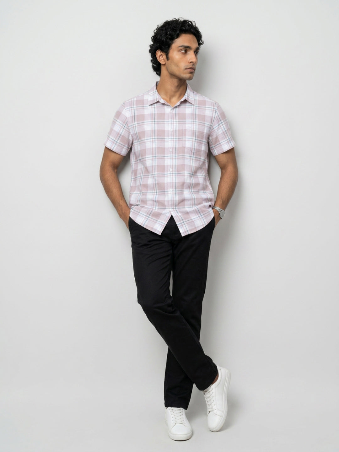 Men Shirt Check Lilac Regular Fit