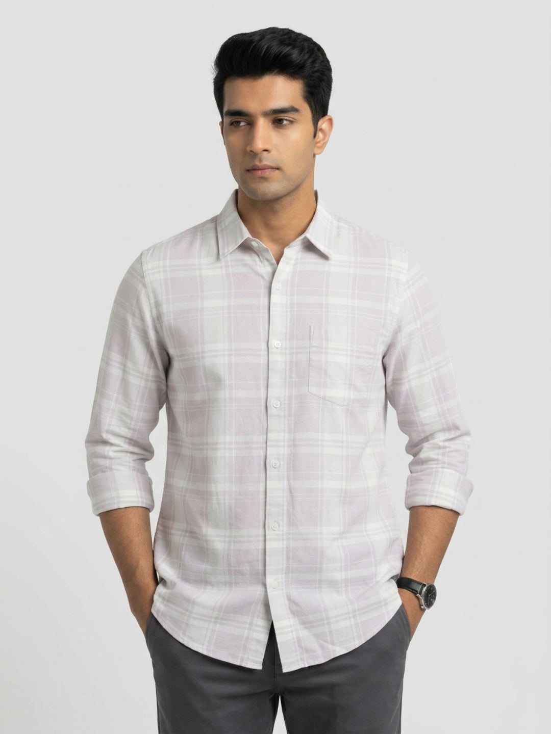 Men Shirt Check Beige Regular Fit