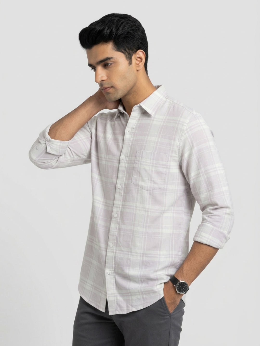 Men Shirt Check Beige Regular Fit