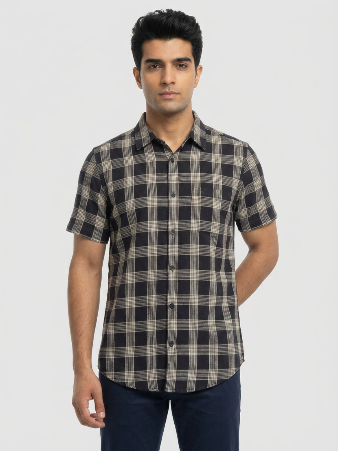 Men Shirt Check Jet Black Regular Fit