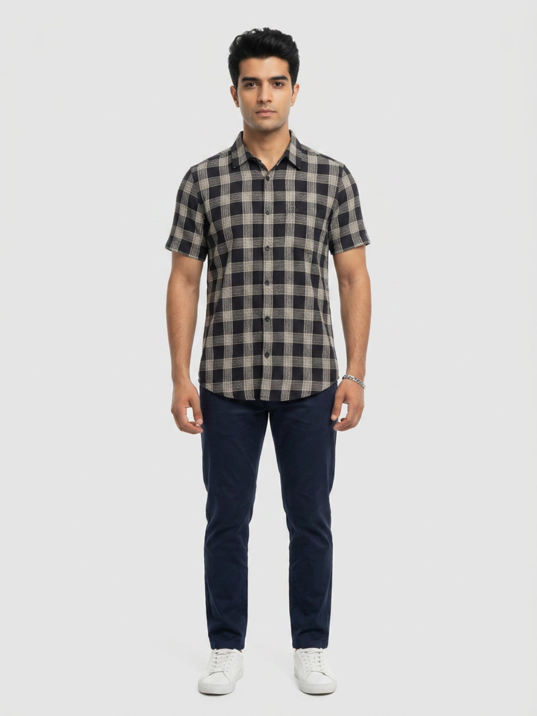 Men Shirt Check Jet Black Regular Fit