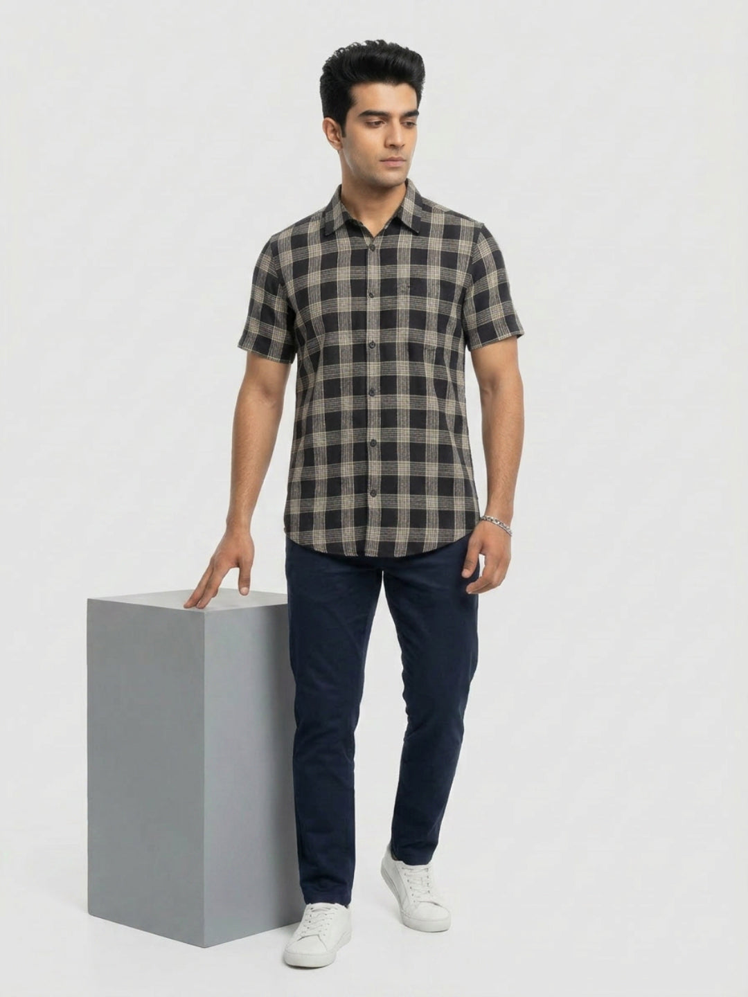 Men Shirt Check Jet Black Regular Fit