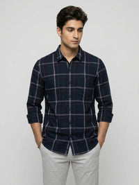 Men Shirt Check Navy Blue Regular Fit