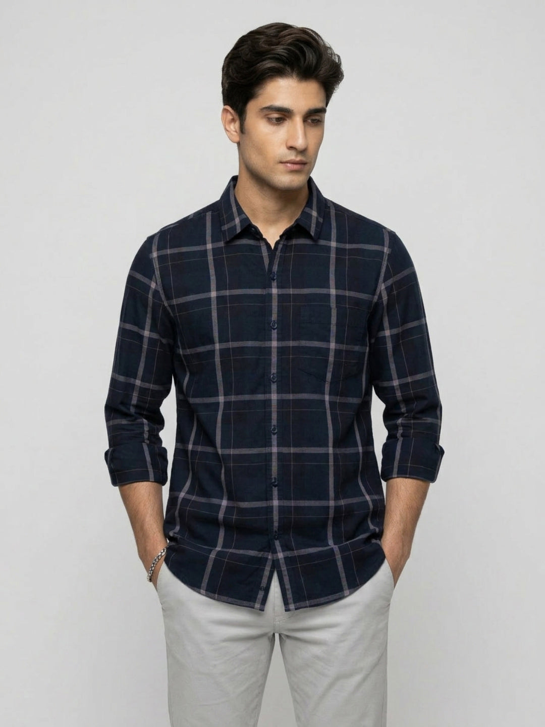Men Shirt Check Navy Blue Regular Fit