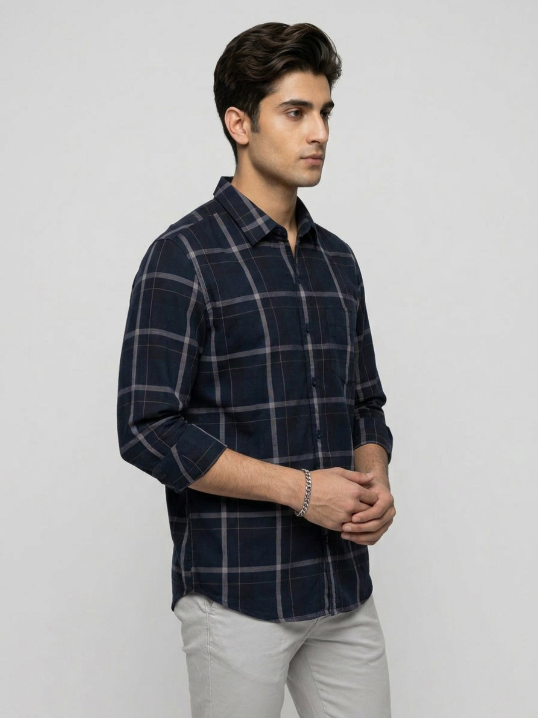 Men Shirt Check Navy Blue Regular Fit