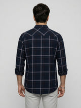 Men Shirt Check Navy Blue Regular Fit
