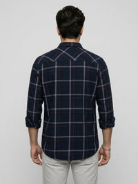 Men Shirt Check Navy Blue Regular Fit
