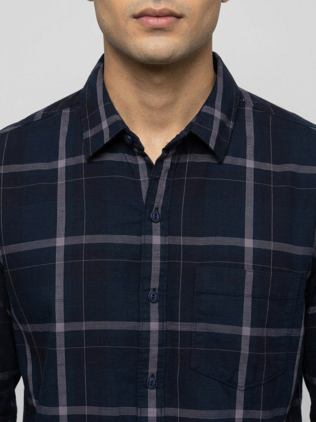 Men Shirt Check Navy Blue Regular Fit