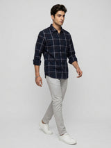 Men Shirt Check Navy Blue Regular Fit