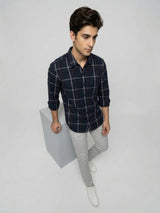 Men Shirt Check Navy Blue Regular Fit