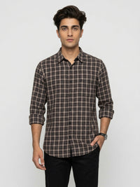 Men Shirt Check Brown Regular Fit