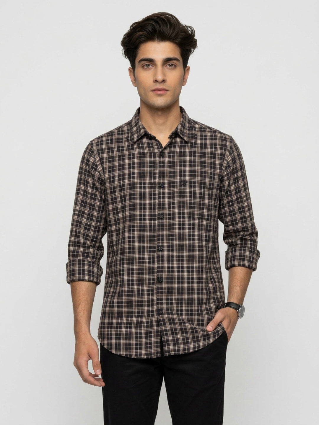 Men Shirt Check Brown Regular Fit