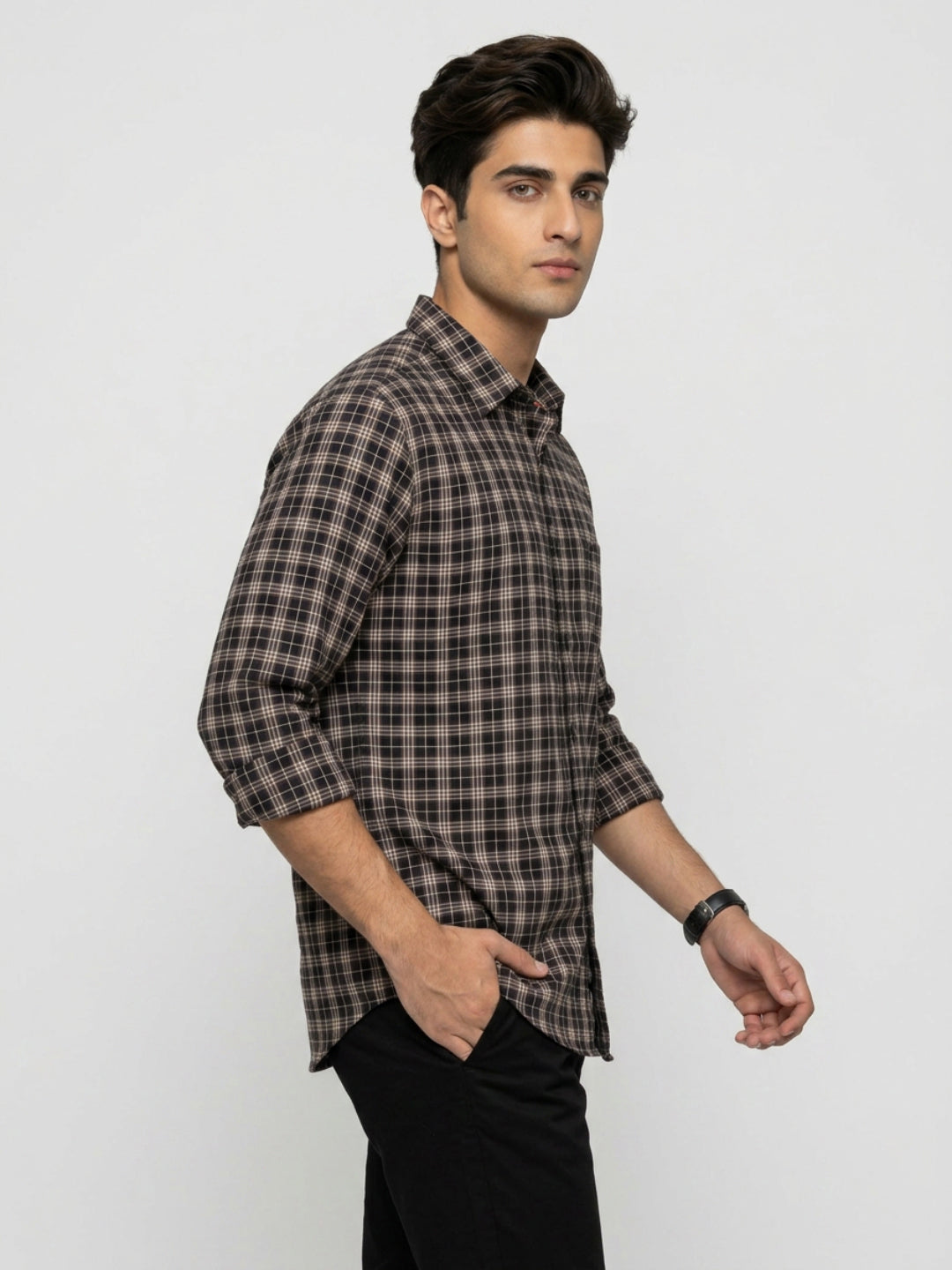 Men Shirt Check Brown Regular Fit