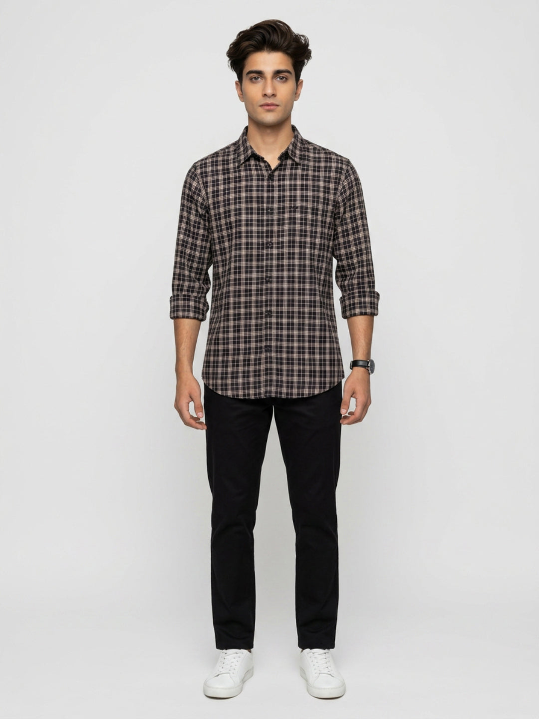 Men Shirt Check Brown Regular Fit
