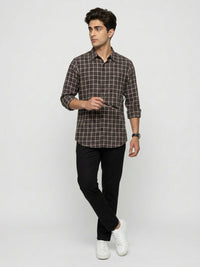 Men Shirt Check Brown Regular Fit