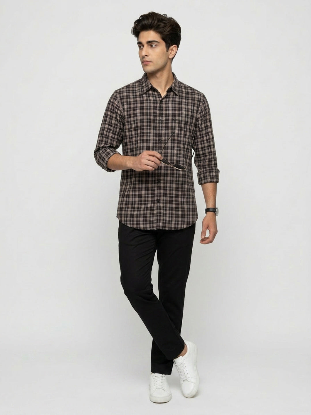 Men Shirt Check Brown Regular Fit